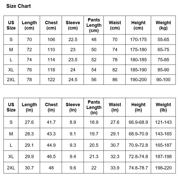 Men's Athletic Sport Suit Size Chart